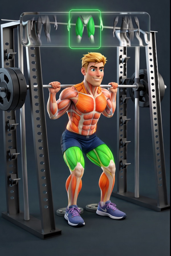 Anatomy view of a back squat, with the quadriceps and glutes highlighted in green and the assisting muscles in grey